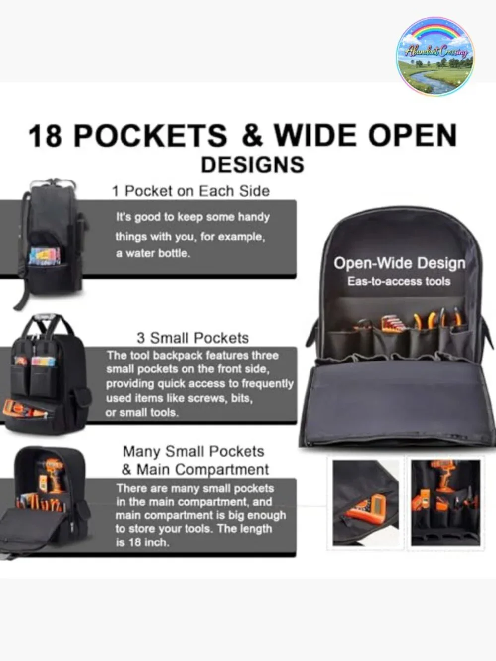 Heavy Duty Waterproof Tool Backpack 18 Inch with 18 Pockets for Electrician